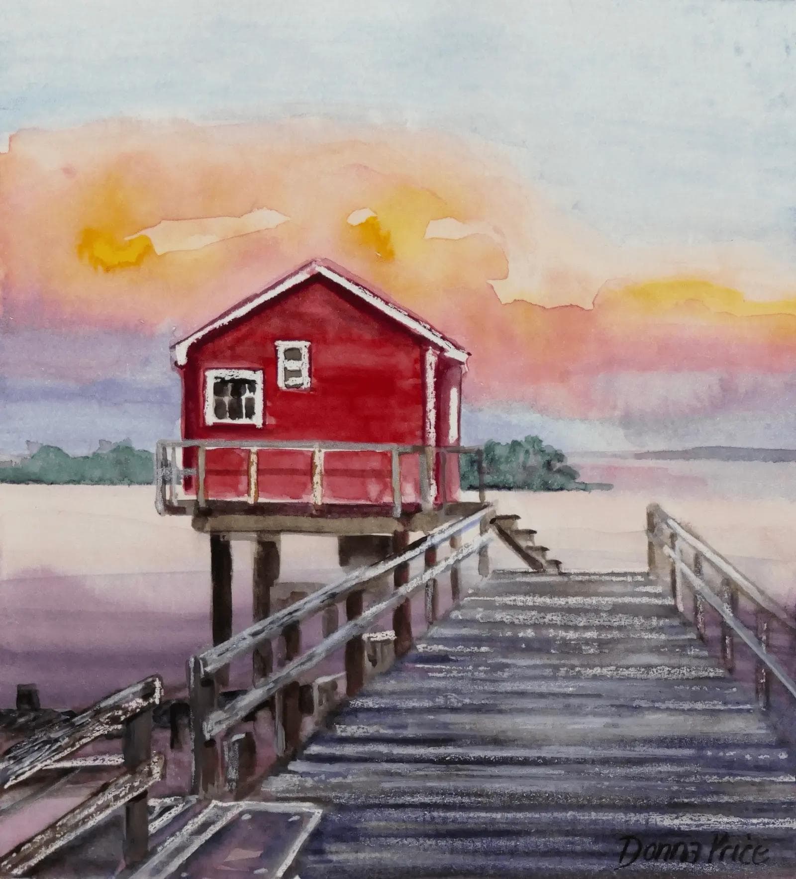 A red hut at the end of a jetty in front of a golden sunset.