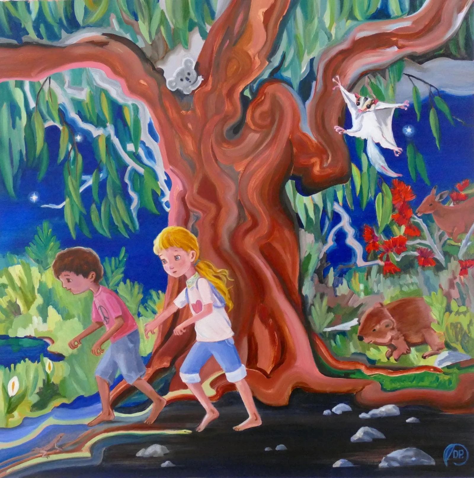 Two children running in front of an old tree with various Australian wildlife in the background forest.