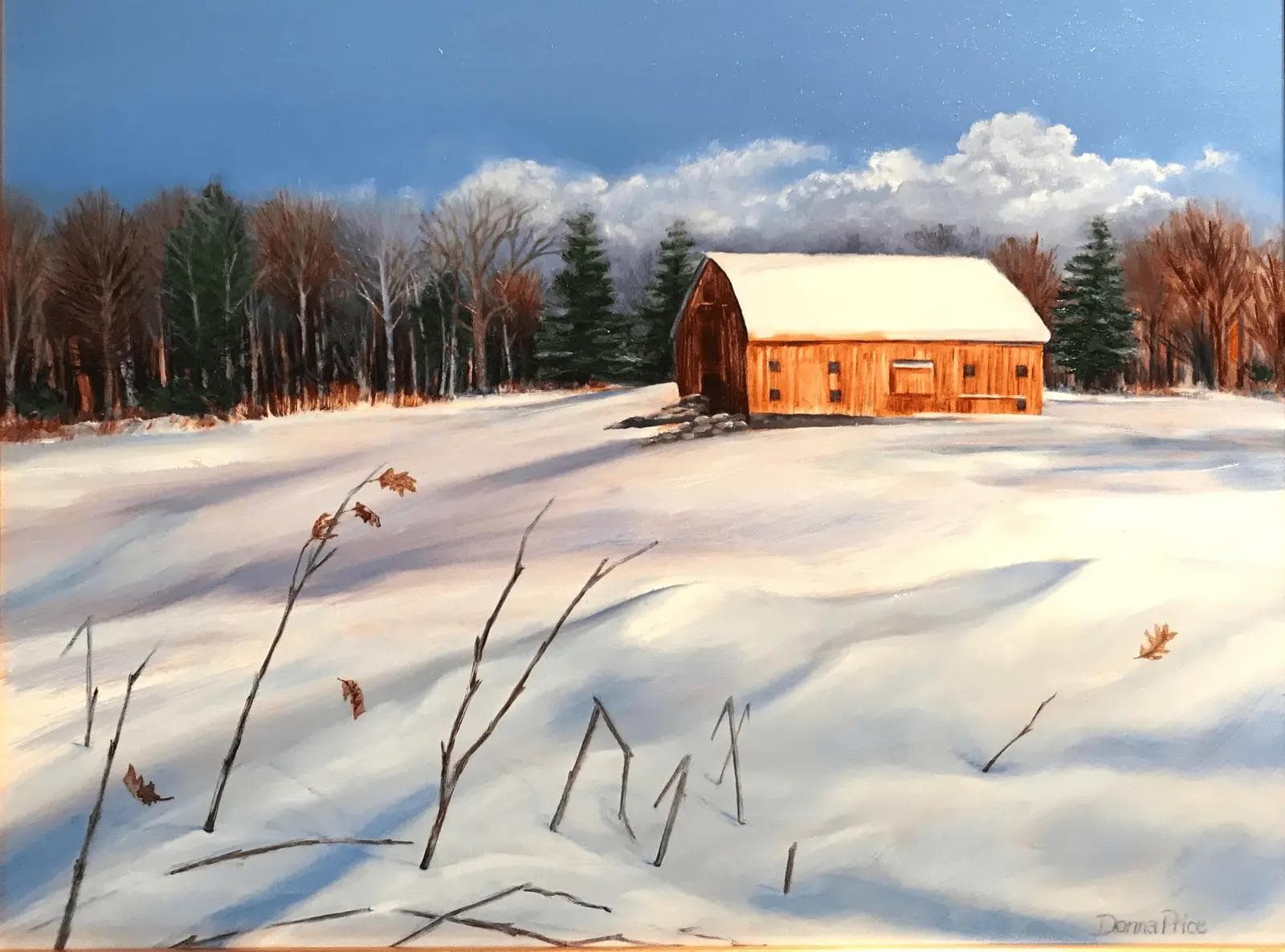 Snowy clearing in a forest with an old barn.