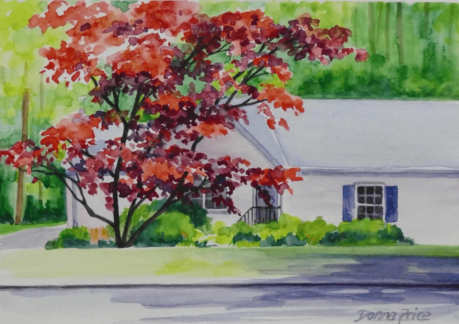 A watercolor of a red tree in front of a white house.