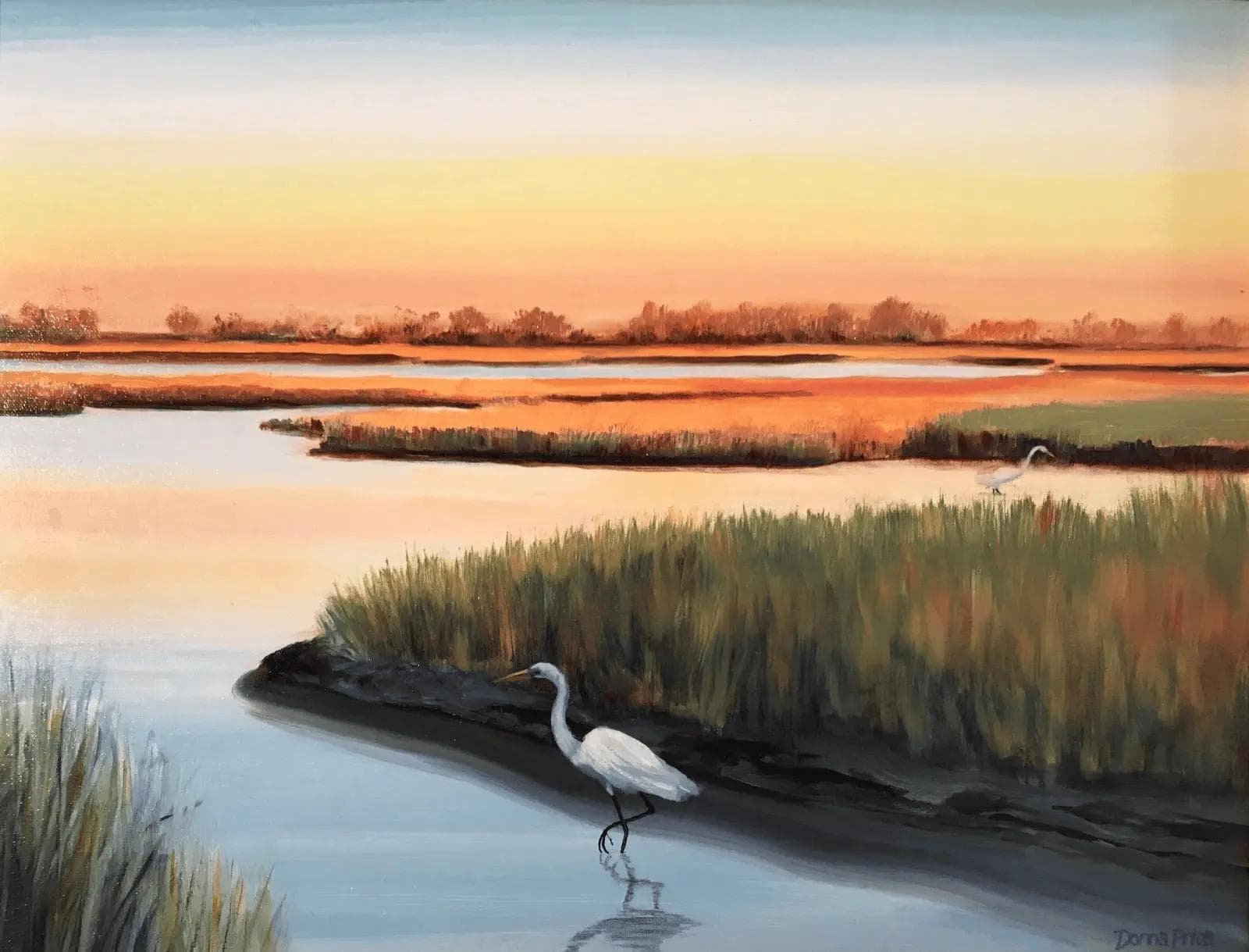 Oil painting of a beautiful sunset over marshland in New England with a heron hunting in the water.