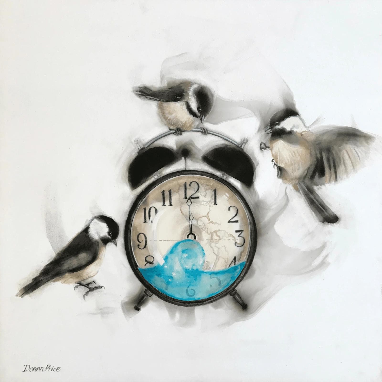 Three chickadees dancing around an alarm clock that is filling with water.