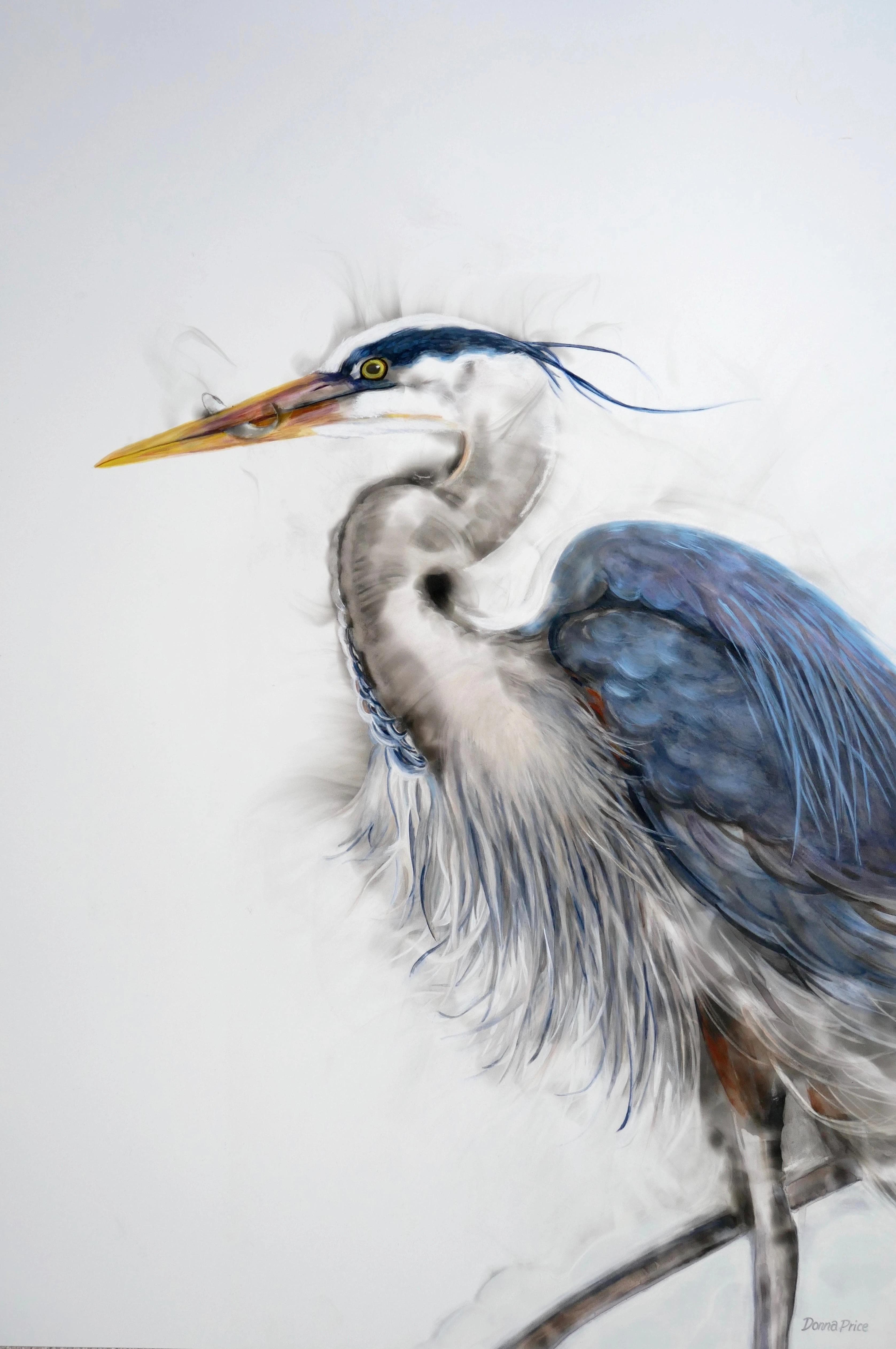 A detailed painting of a blue heron stepping forwards.