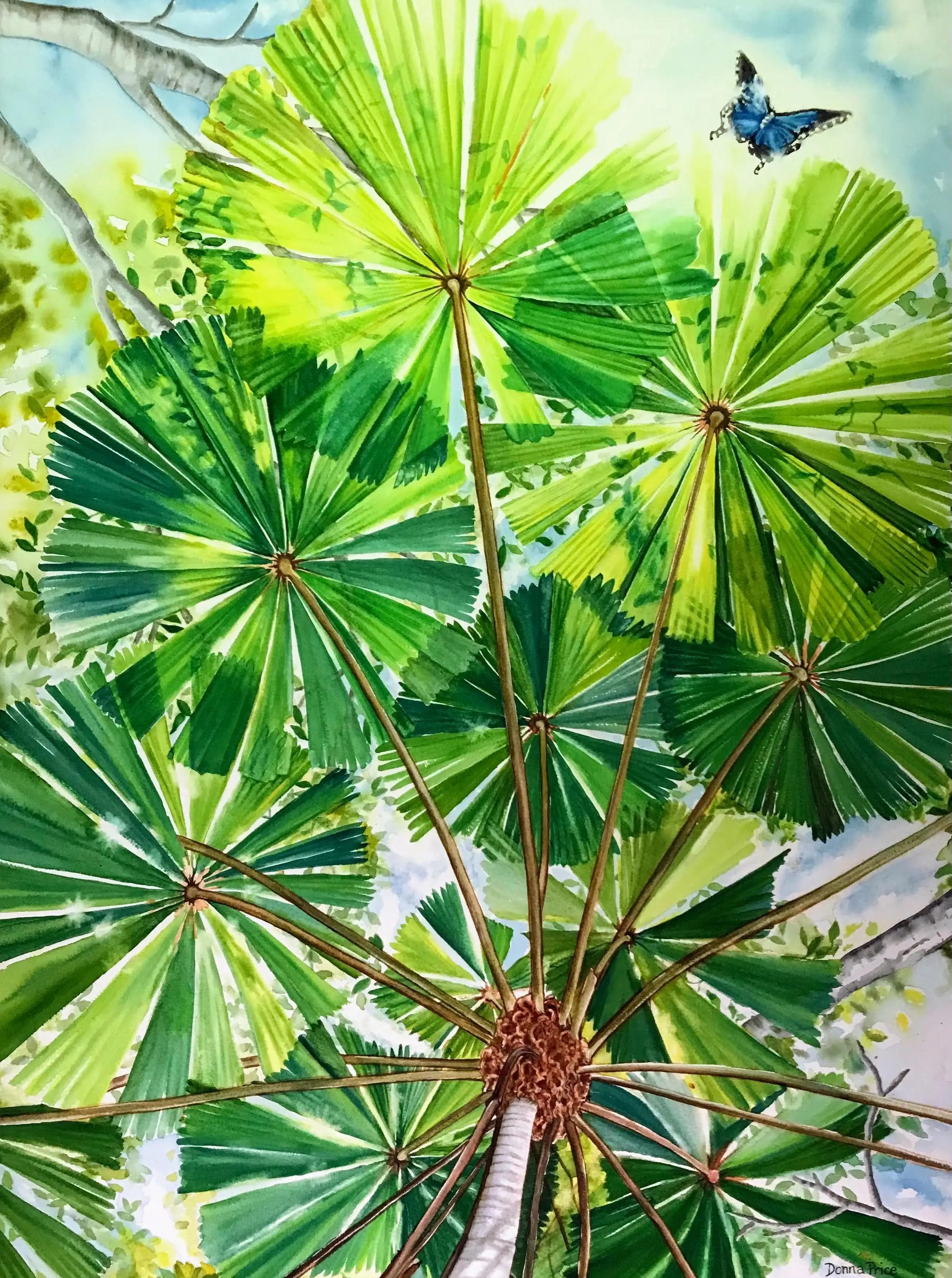 Large watercolor painting with the ulysses butterfly and palm fronds found in North Queensland, Australia.